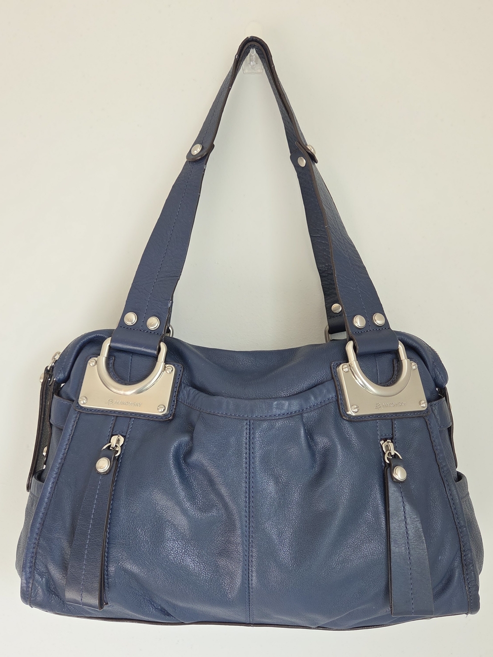 B. Makowski Navy Blue 100% Leather Large Hobo With Silver Hardware Shoulder Bag
